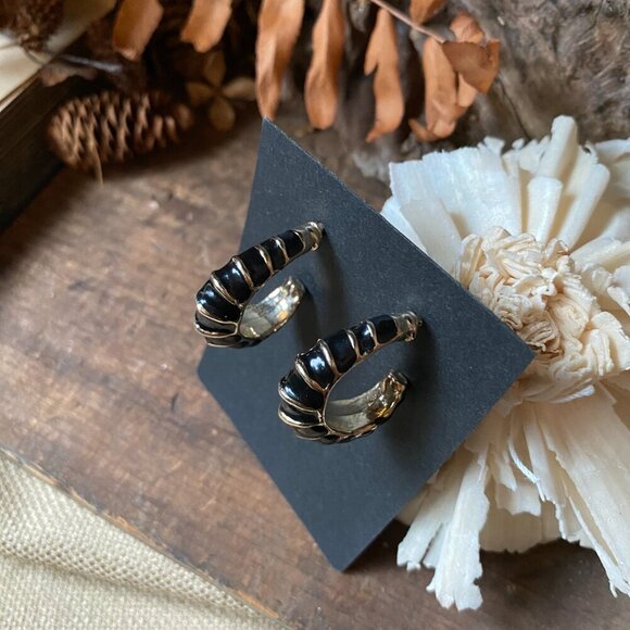 Bamboo Black Enamel Gold Tone Inlay Hoop Earrings - Unique Sea Urchin Gothic - Picture 3 of 7